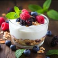 Greek yogurt with cereal and berry fruit on the top by AI generated